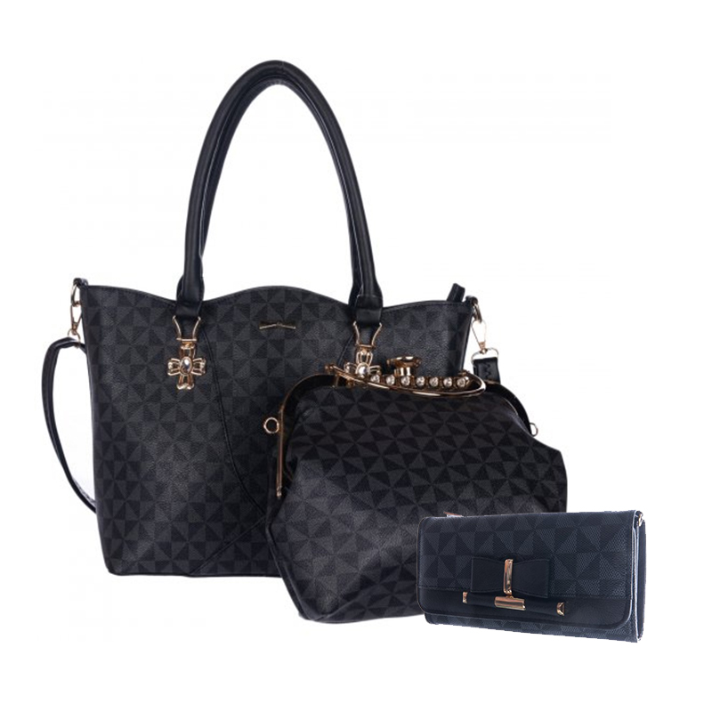Black 3 IN 1 Signature Inspired Fashion Handbag Set - F373 - Click Image to Close